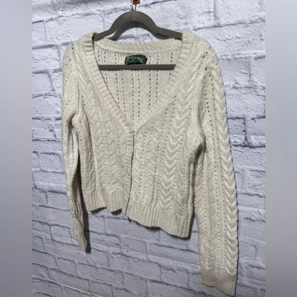 Y2K American Eagle Cable Knit Cardigan Sweater, Cream, Size Medium